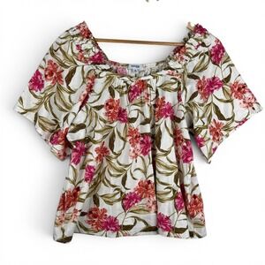 Kensie Linen Blend Top Womens Size Medium Floral Boho Earthy Peasant Milkmaid